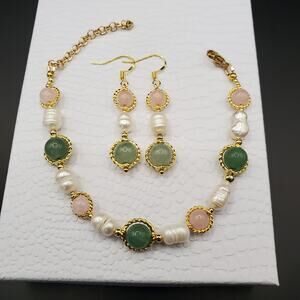Rose Quartz,  Green Aventurine and Faux Pearl Earring Jewelry Set Handmade